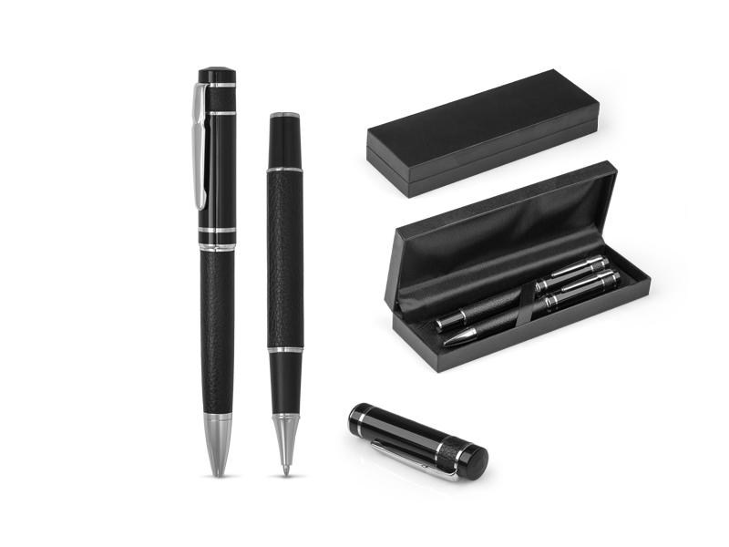 Set metalna hemijska olovka i roler olovka obloženi kožom u poklon kutiji