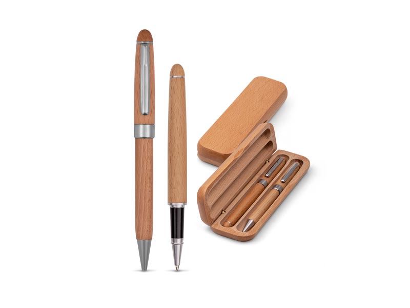 ECO set hemijska olovka i roler olovka od drveta u drvenoj poklon kutiji