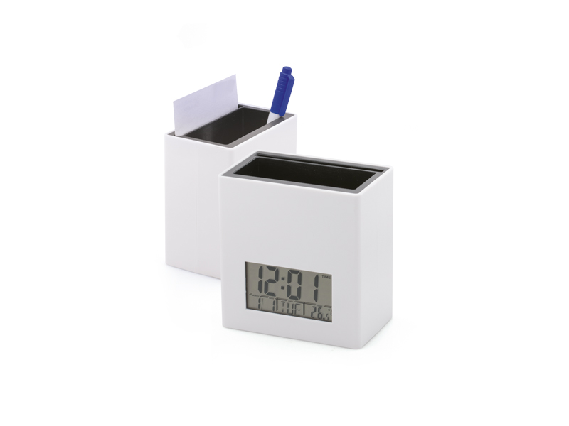 Plastični stoni sat sa čašom za olovke, alarmom, hidrometrom, termometrom i držačem za vizit kartice