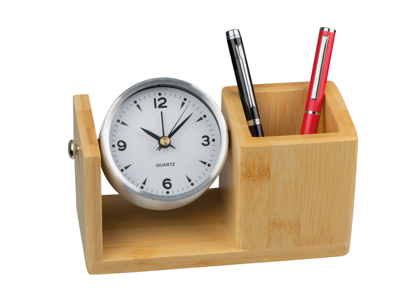 Metalni stoni sat sa alarmom i držač za olovke od bambusa